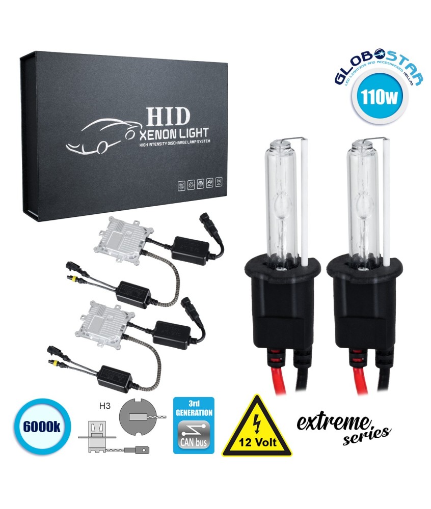 GloboStar® 84145 H3 XCB Line KIT Βασικού Φωτισμού Αυτοκινήτου & Μοτοσυκλέτας 3rd Generation Can-Bus Extreme Series XENON 110W 10350lm DC 9-16V Αδιάβροχο IP65 Ψυχρό Λευκό 6000K